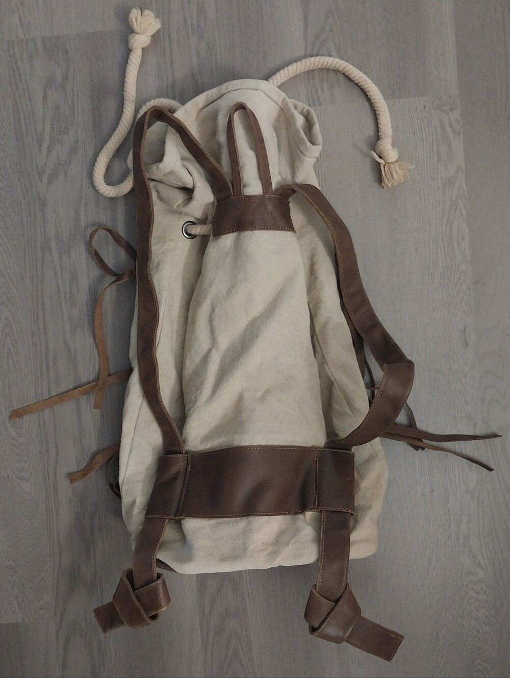 Canvas and Brown Leather Men’s Drawstring Backpack